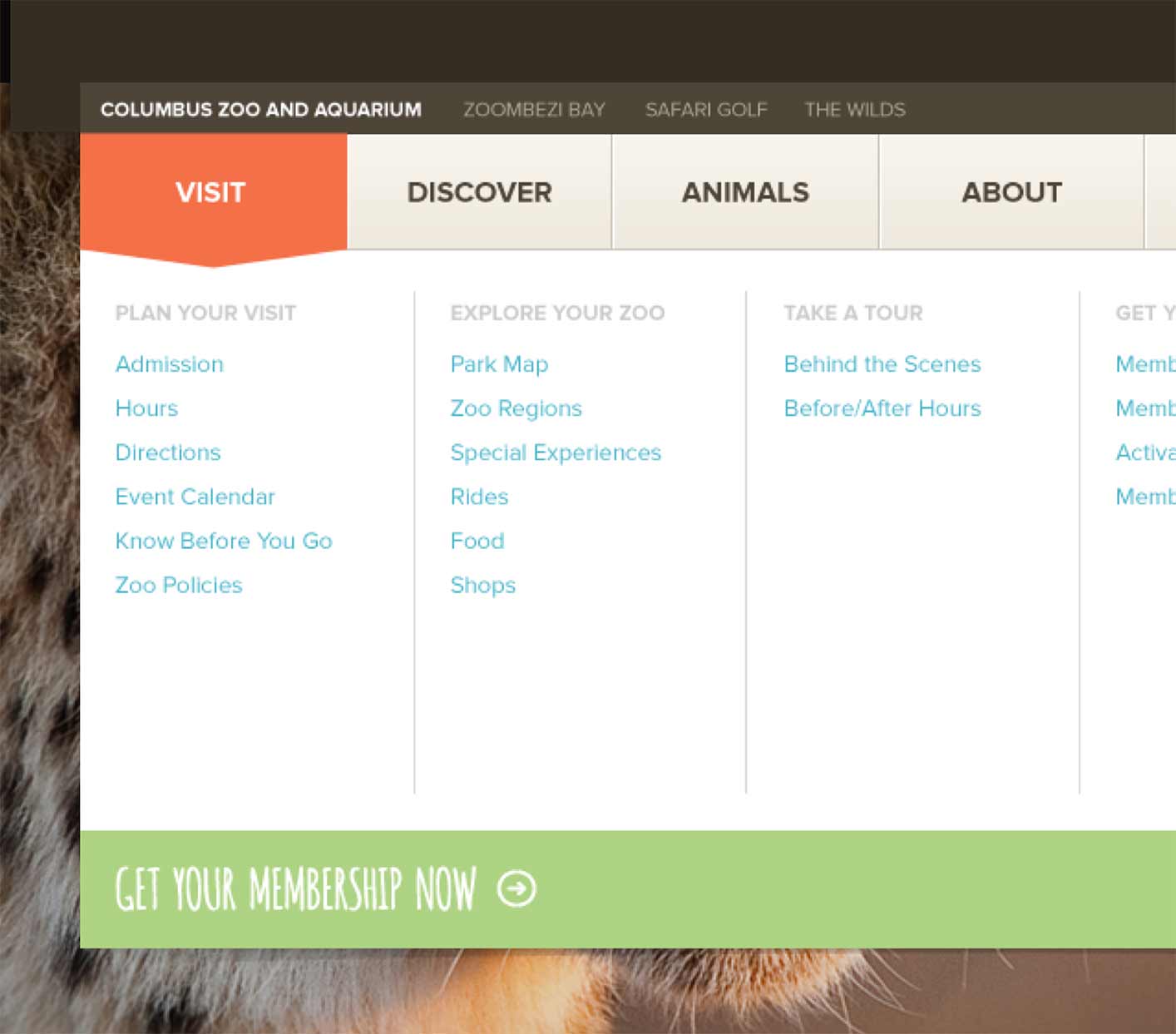 Columbus Zoo Website - Dropdown Navigation